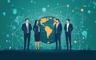 Aufkleber - A flat illustration of business people in formal attire standing on Earth, connected by circles and lines, symbolizing a global network and collaboration across continents