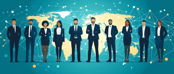 Aufkleber - A flat illustration of business people in formal attire standing on Earth, connected by circles and lines, symbolizing a global network and collaboration across continents
