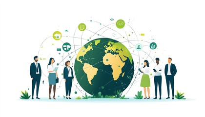 Aufkleber - A flat illustration of diverse professionals in business outfits connected by circular links encircling the globe, signifying a remote work network and international collaboration