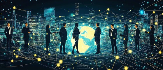 Aufkleber - A flatstyle illustration of professionals in business attire surrounded by circular connections around the globe