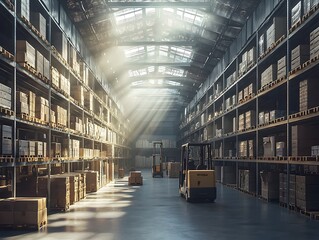 Poster - Vast Warehouse with Towering Shelves and Crates Lit by Sunlight Logistics and Warehousing Concept
