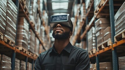 Poster - Warehouse Worker Scanning Barcodes with Augmented Reality Glasses Surrounded by Organized Inventory Shelves