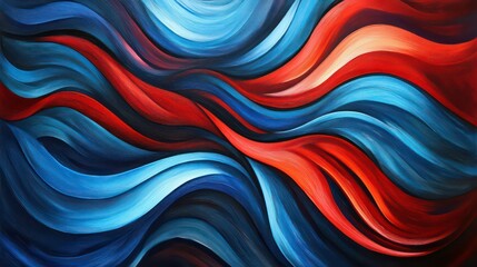 Poster - An abstract painting featuring flowing waves of color in shades of blue, orange, and brown.