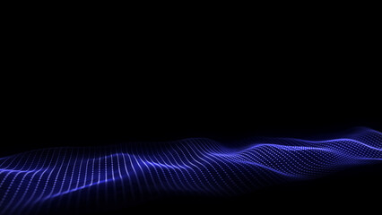 Abstract wave with blue light on black background. Science background with moving dots. Network connection technology. Digital structure with particles. 3d rendering.