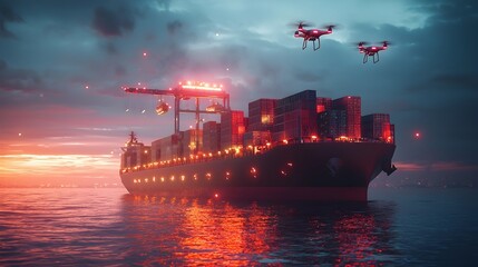 Poster - Futuristic Cargo Ship on Glowing Open Sea with Overhead Drones