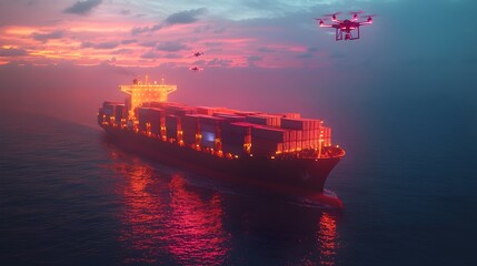 Poster - Futuristic Cargo Ship on Open Sea with Glowing Containers and Drones Overhead Symbolizing Emerging Logistics Technologies