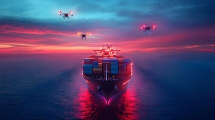 Poster - Futuristic Cargo Ship on the Open Sea with Glowing Containers and Drones Overhead Symbolizing the Future of International Shipping and Logistics