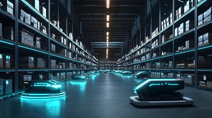 Poster - Futuristic Automated Warehouse with Glowing Sensors Guiding Autonomous Robots for Precise Logistics