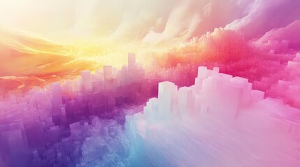 Aufkleber - A dreamlike landscape of ethereal city structures bathed in soft, colorful light.