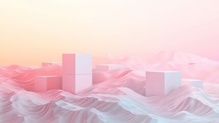 Leinwandbilder - Abstract landscape featuring white cubes on soft, wavy terrain with a pastel gradient background.
