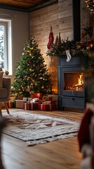 Wall Mural - Cozy Christmas living room with decorated tree, glowing fireplace, and wrapped presents creating a warm, festive atmosphere on a cold winter evening.