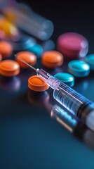 Wall Mural - Closeup of medical syringe surrounded by colorful pills on dark surface, highlighting pharmaceutical industry and healthcare concepts. Selective focus on needle tip.