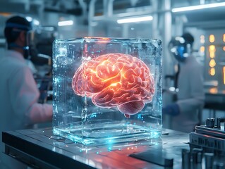 Aufkleber - Encased Brain Crystal Cube Floating in Futuristic Laboratory with Observing Scientists