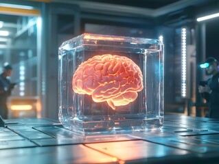 Poster - Glowing Brain Encased in Transparent Crystal Cube Floating in Futuristic Laboratory