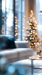 Wall Mural - Cozy living room with blurred Christmas tree lights creating a warm, festive ambiance. Modern furniture and large windows add to the elegant holiday atmosphere.