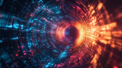 Poster - A hyperspace vortex with futuristic technology elements in a cosmic space background with dynamic light trails.