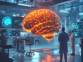 Poster - futuristic brain with glowing neon veins floating in holographic lab environment