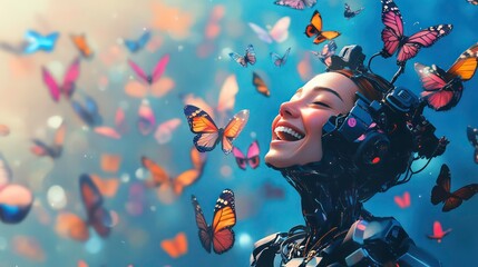 Poster - A futuristic figure joyfully surrounded by colorful butterflies in a vibrant, dreamy setting.
