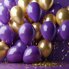 Wall Mural - Purple and golden balloons with confetti on purple background