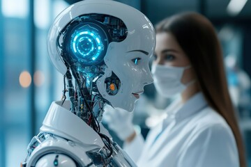 Poster - A humanoid robot interacts with a scientist in a modern lab setting during daylight hours