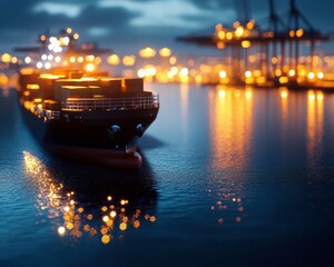 Aufkleber - A cargo ship illuminated at night, docked near a bustling port with glowing lights reflecting on the water's surface.