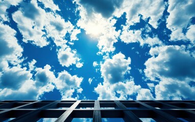 Poster - A striking view of a vibrant blue sky filled with fluffy clouds, observed from the perspective of a building's structure below.