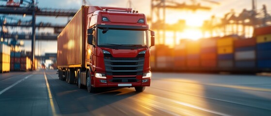 Aufkleber - A red truck is seen transporting cargo against a backdrop of shipping containers and a sunset in a busy port.