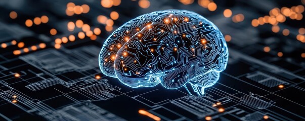 Poster - A digital representation of a brain illuminated with neural connections, set against a tech-inspired background of circuitry and glowing nodes.