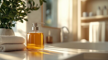 Poster - a serene bathroom setting featuring a soap dispenser, fresh towels, and sunlit ambiance, creating a 