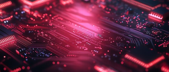 Red circuit board pattern in closeup, black background with red light effects, showcasing abstract shapes formed by the intricate lines of the electronic components