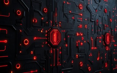 Techinspired red circuit board pattern on black background with red light effect lines, highlighting an electronic technology theme and futuristic design elements