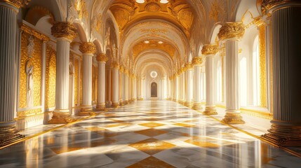 Aufkleber - A grand, opulent hallway with golden accents and marble flooring, illuminated by natural light.