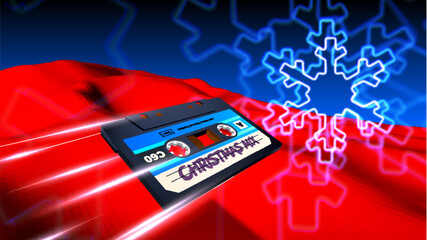 Poster - Christmas holiday mix cassette flying with neon snowflake in 80s synthwave or retrowave style