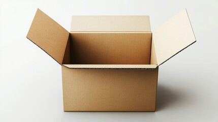 Poster - A cardboard box open with flaps up. It is empty and on a white background.