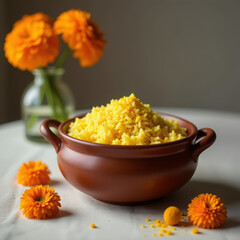 Vibrant turmeric rice in rustic pot with marigold flowers. Pongal, celebrated in India