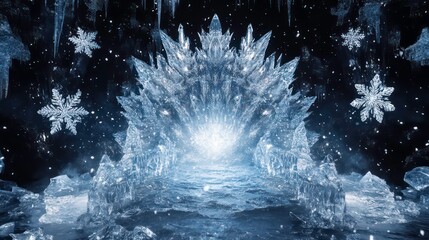 Poster - An icy crystal throne surrounded by snowflakes and shimmering light in a dark setting.