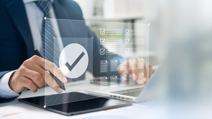 Leinwandbilder - Business Professional Using Digital Checklist Interface, Interactive Planning and Task Management on Touchscreen Device for High Productivity and Goal Achievement in a Corporate Environment