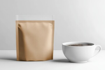 Poster - A kraft paper pouch coffee bag mockup beside a white cup of coffee