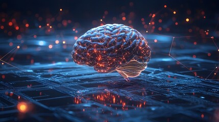 Poster - futuristic brain visualized in digital space with glowing holographic data streams