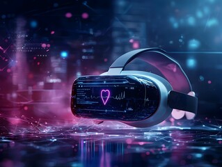Poster - Futuristic Virtual Reality Headset Displaying Biometric Health Data in Calming Digital Environment