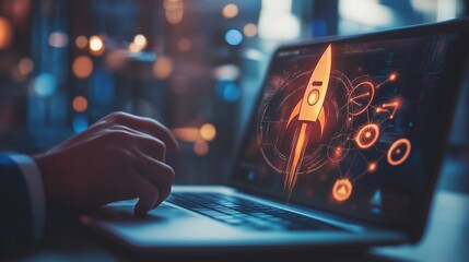 Poster - Person working on a laptop with a rocket graphic, symbolizing innovation and technology, in a modern office setting