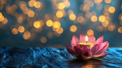 Aufkleber - A Vesak holiday background with lotus flower candle on a golden blue bokeh background