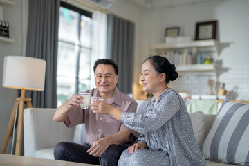 An elderly couple enjoys a peaceful moment at home, sharing smiles and drinks. The warm and cozy atmosphere emphasizes their deep connection, happiness, and the comfort of spending time together.