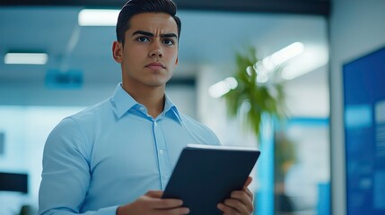 Poster - A serious young man in a light blue shirt holds a tablet, focused in a modern office setting.