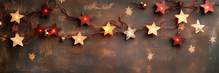 Wall Mural - Festive string of glowing star-shaped lights and red ornaments adorning a rustic wooden background, creating a warm and cozy Christmas atmosphere.