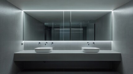 Wall Mural - Double sinks and glass shower in a minimalist bathroom; gray tiled wall and ample lighting.