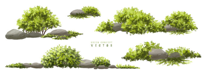 Wall Mural - vector watercolor green tree or forest side view isolated on white background for landscape and arch