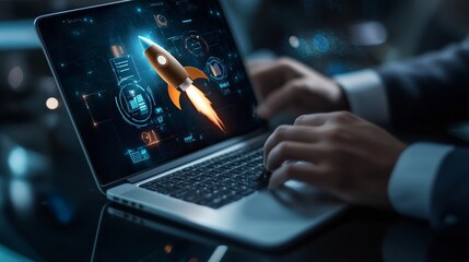 Poster - business professional working on a laptop with a rocket graphic, illustrating innovation in technolo