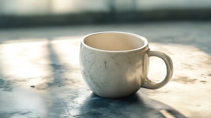 Poster - A white ceramic mug sits on a table, empty of its contents. Sunlight streaks across the surface, hinting at a recent drink.