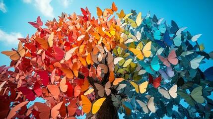 Colorful tree made of paper butterflies. The butterflies are of different colors and sizes, and they are arranged in a way that they look like they are growing on a tree